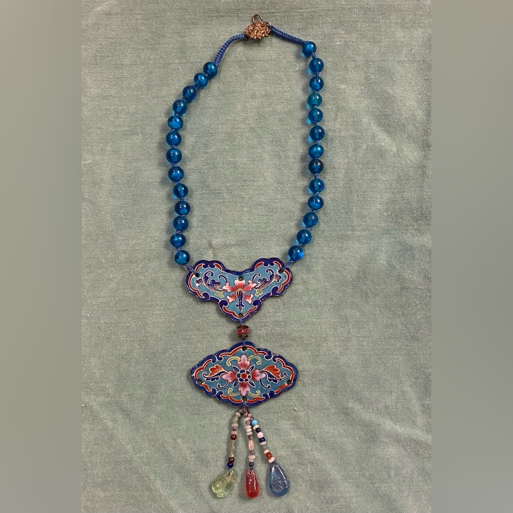 Vintage necklace with cloisonné centerpiece plates, glass beading throughout